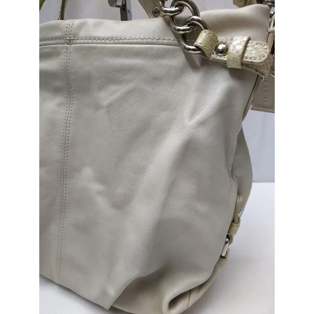 Coach Ivory Soft Leather Snakeskin Detail Zipper Hobo Shoulder Bag